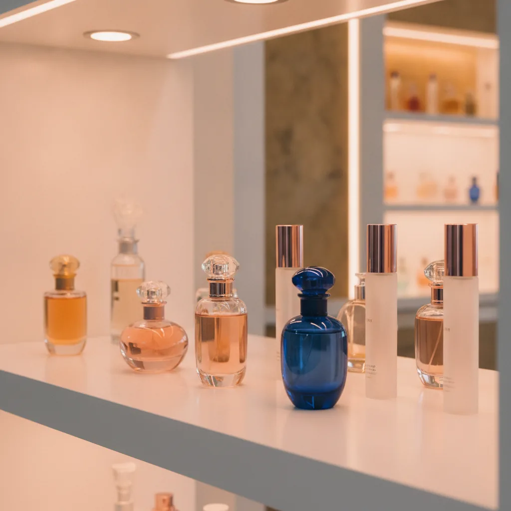 elegant perfume bottles and body mists arranged on