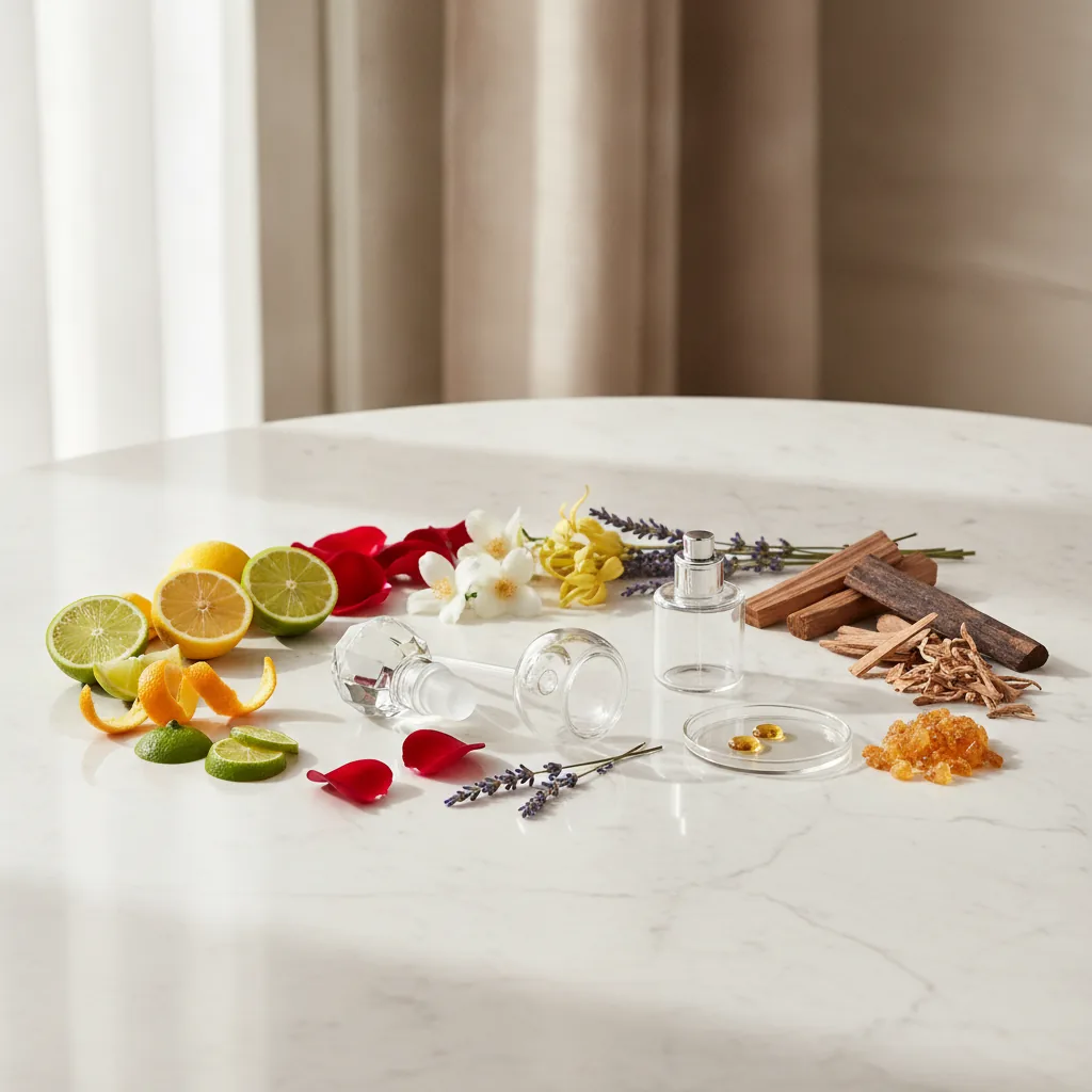 premium perfume ingredients arranged elegantly on a clean