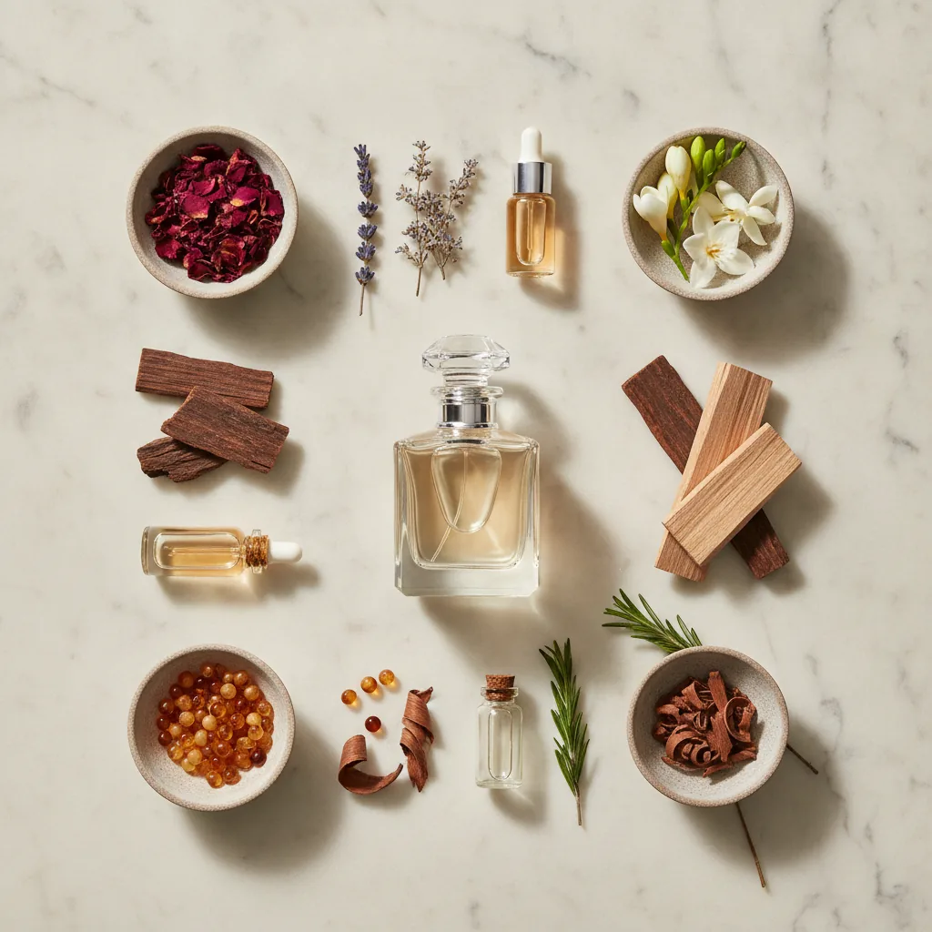 Luxury flat-lay photo of high-quality fragrance ingredients with