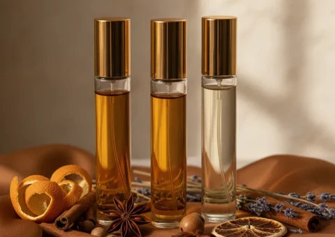 Close-up photo of premium perfume ingredients arranged elegantly,
